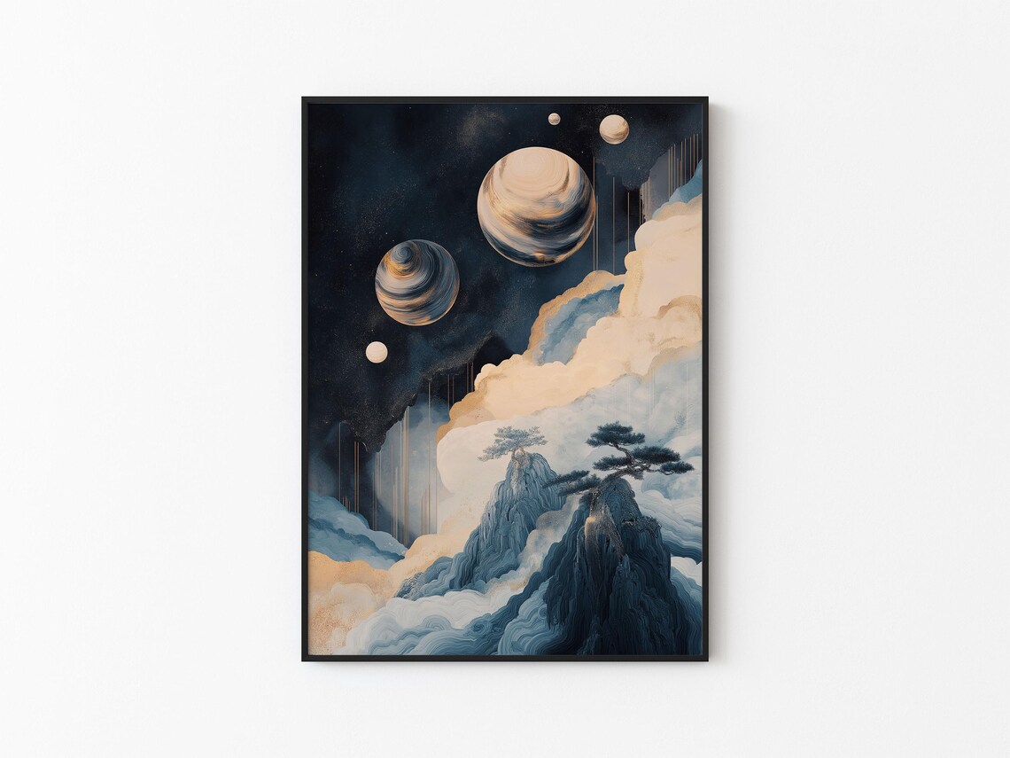 Japandi Cosmic Planets Misty Mountains Bonsai Minimalist Art Poster