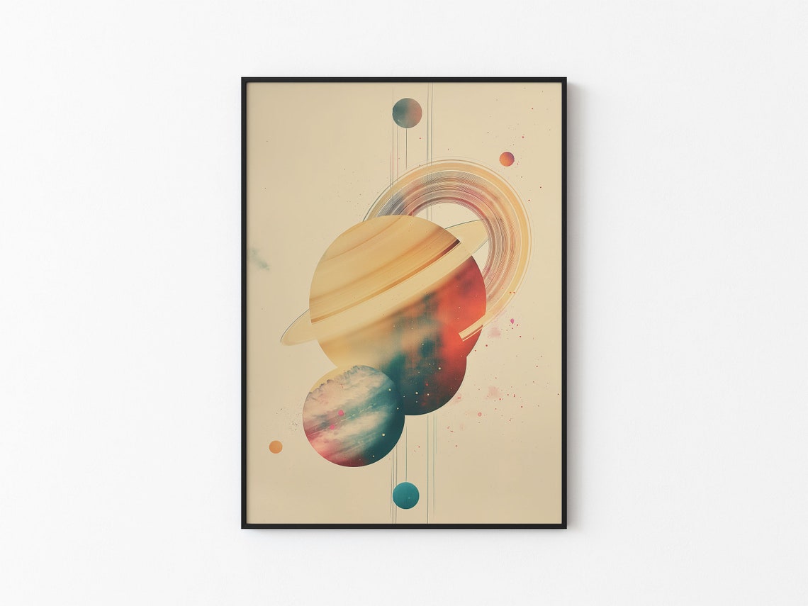 Cream Saturn Ringed Planet Pastel Watercolor Abstract Wall Art