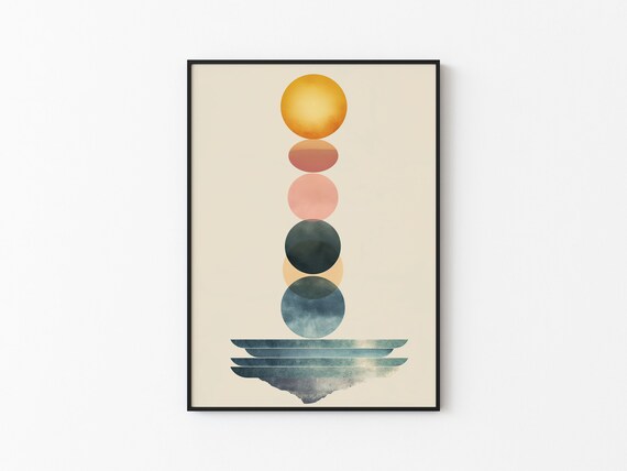 Gold Sun Orb Column Watercolor Balanced Teal Wave Base Abstract Art Print