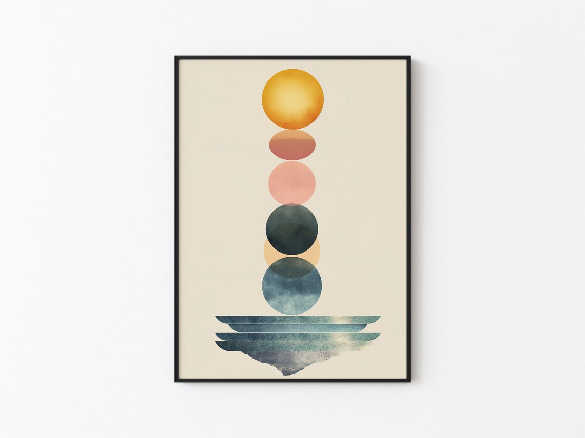 Gold Sun Orb Column Watercolor Balanced Teal Wave Base Abstract Art Print