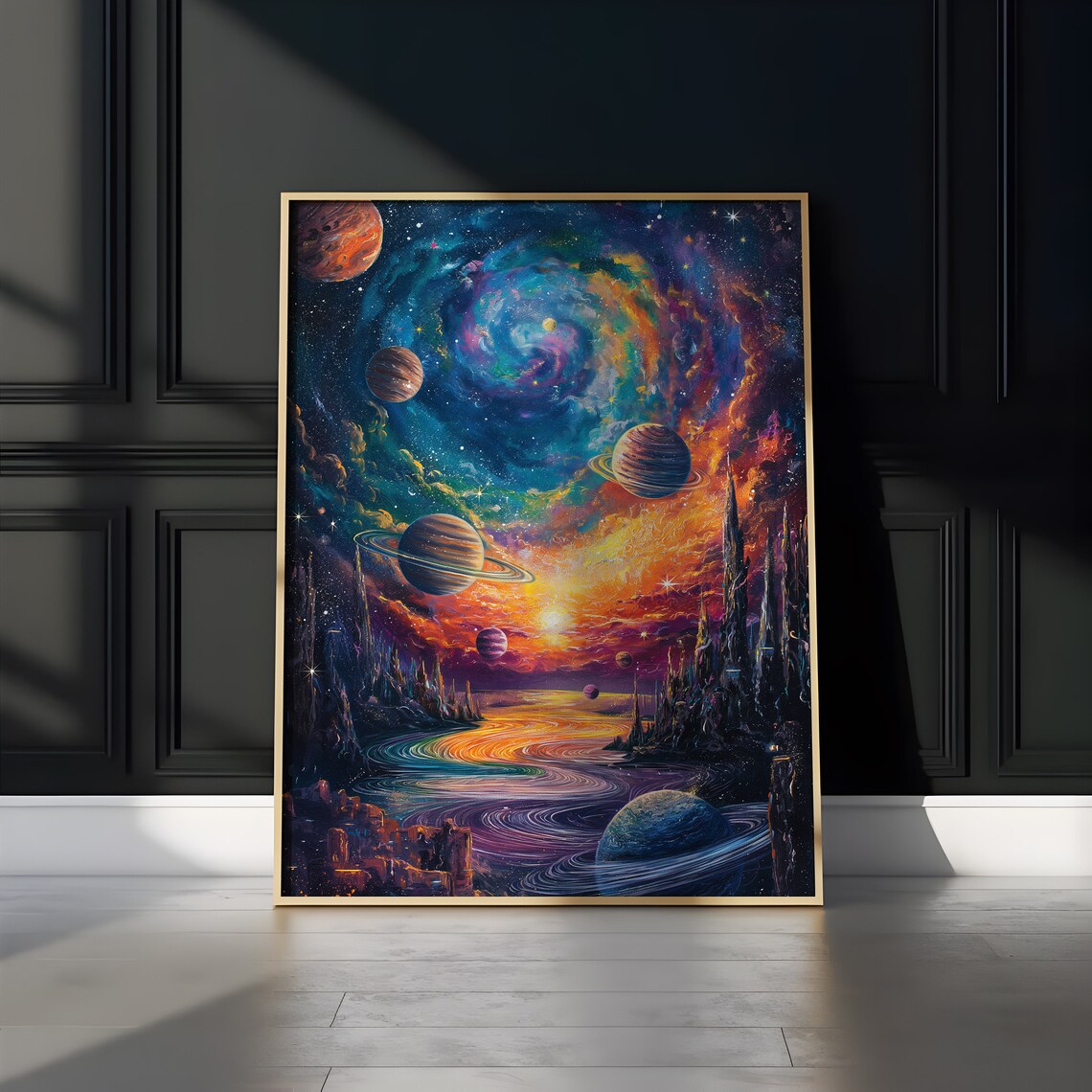 Colorful Nebula Spiral Ringed Planets Ocean River Art Poster - Image 2