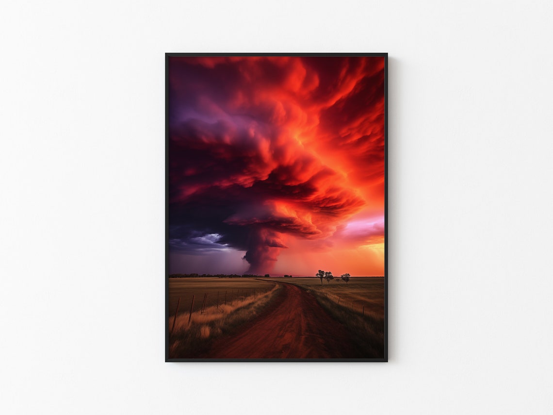 Towering Red Supercell Tornado Funnel Over Open Prairie Poster