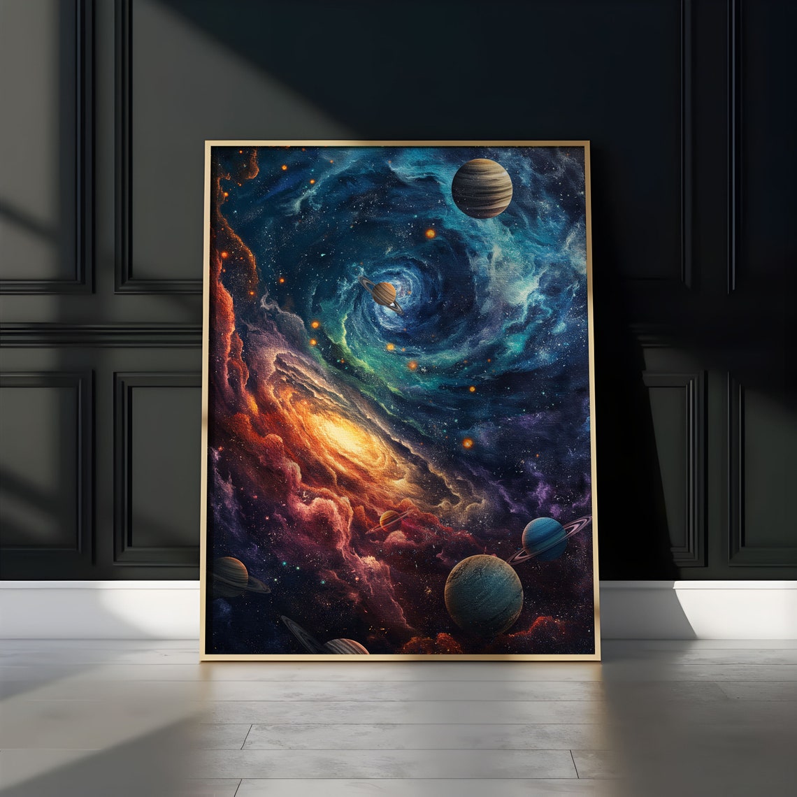 Swirling Teal Galaxy Ringed Planets Red Nebula Impasto Poster - Image 2