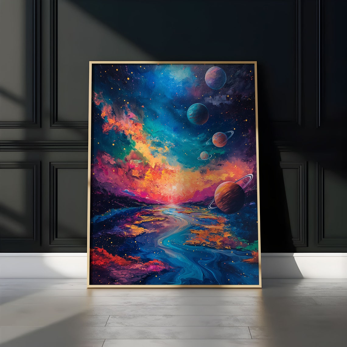 Ringed Planets Turquoise Ocean River Pink Nebula Cosmic Poster - Image 2