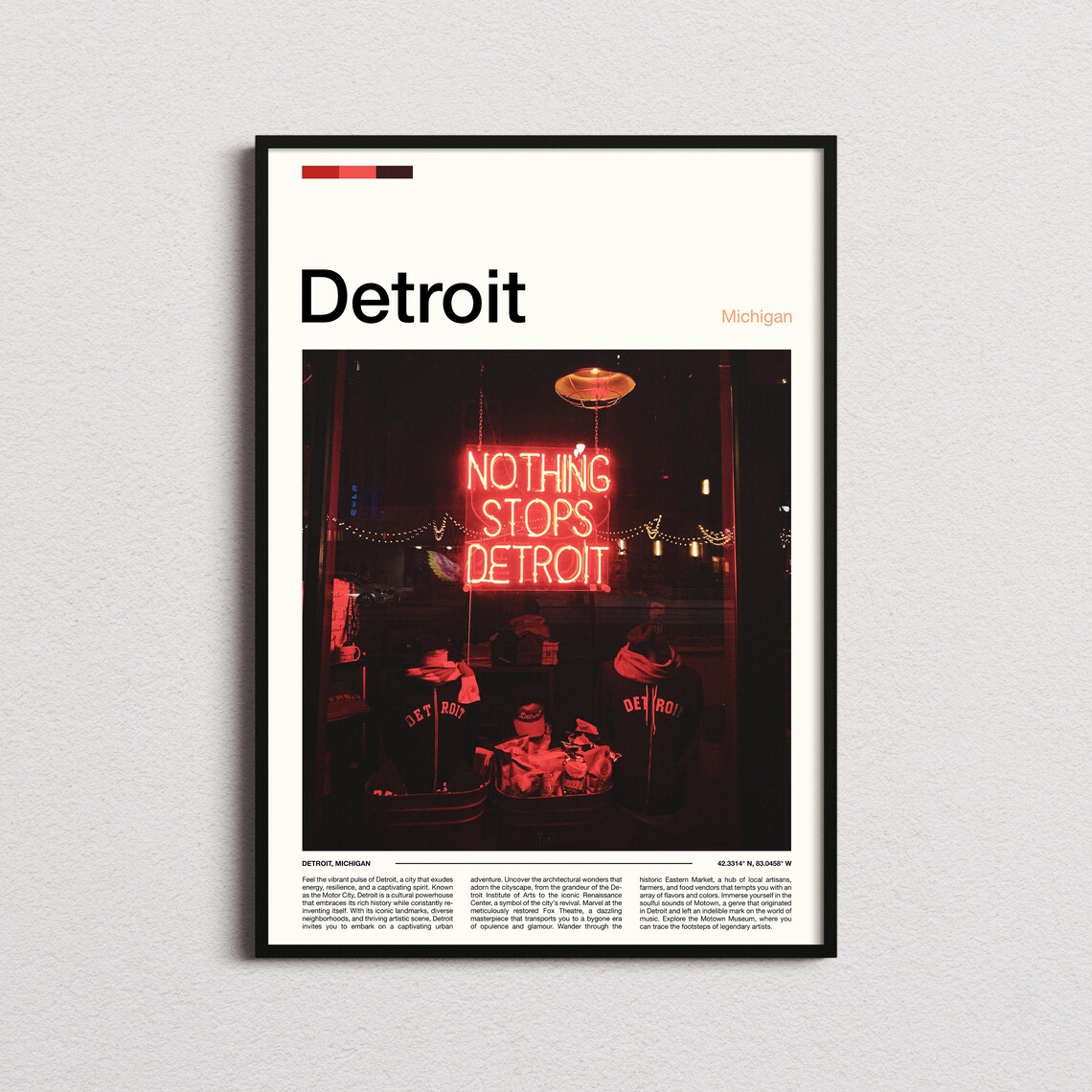 Detroit Michigan Red Neon Sign Night City Urban Spirit Poster