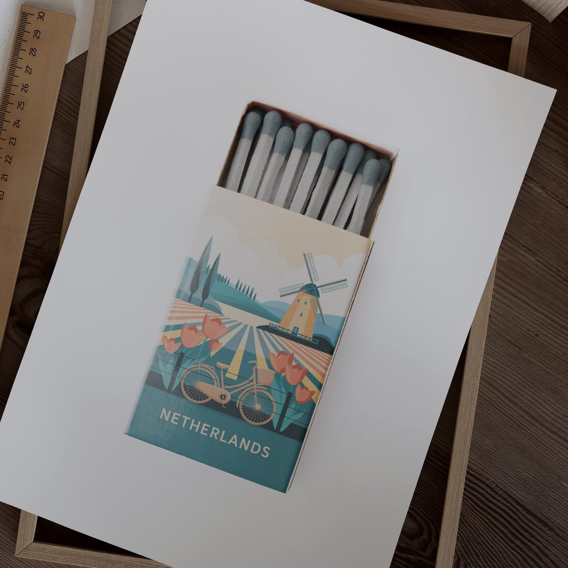 Netherlands Matchbox Windmill Tulips Bicycle Vintage Art Poster - Image 2