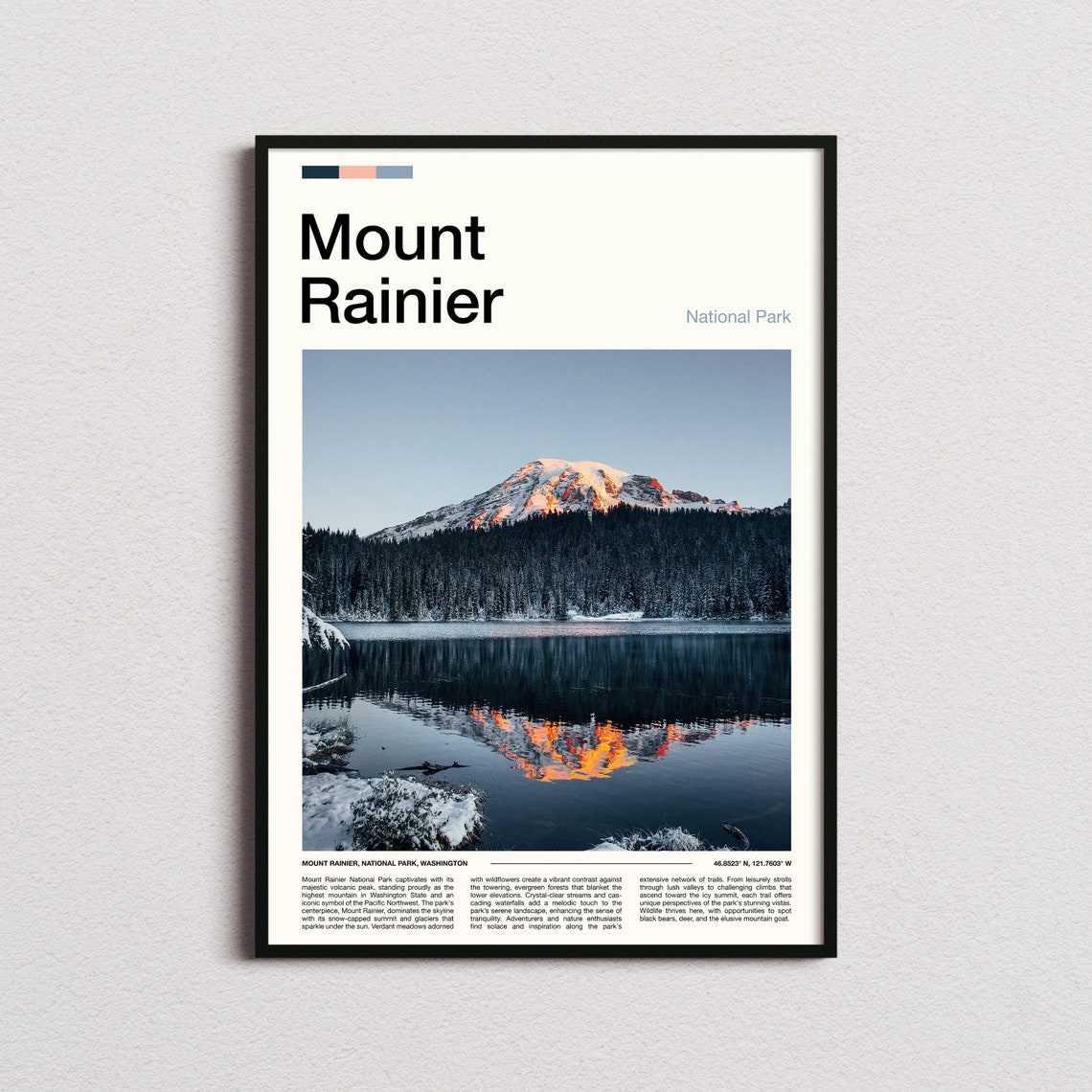 Mount Rainier National Park Snowy Peak Lake Reflection Photo Poster