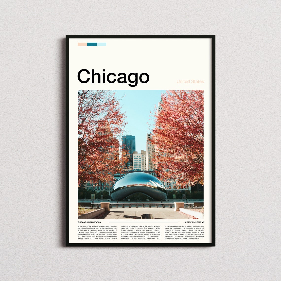 Chicago Cloud Gate The Bean Autumn Trees Millennium Park Travel Poster