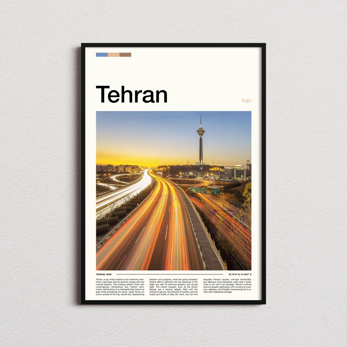 Tehran Iran Milad Tower Night Highway Light Trails Travel Poster