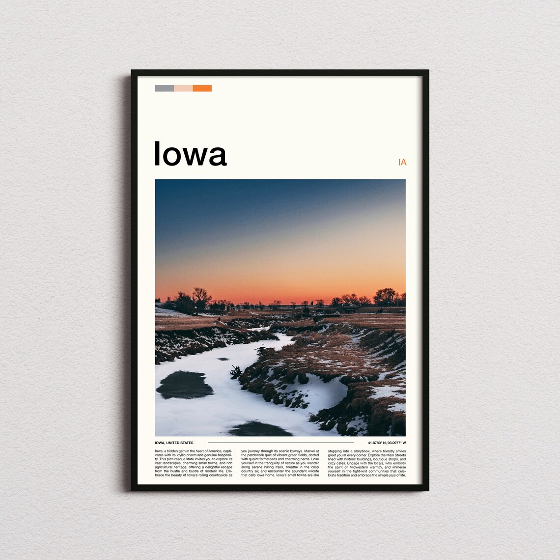 Iowa Frozen River Winter Sunset Vivid Orange Sky Landscape Poster