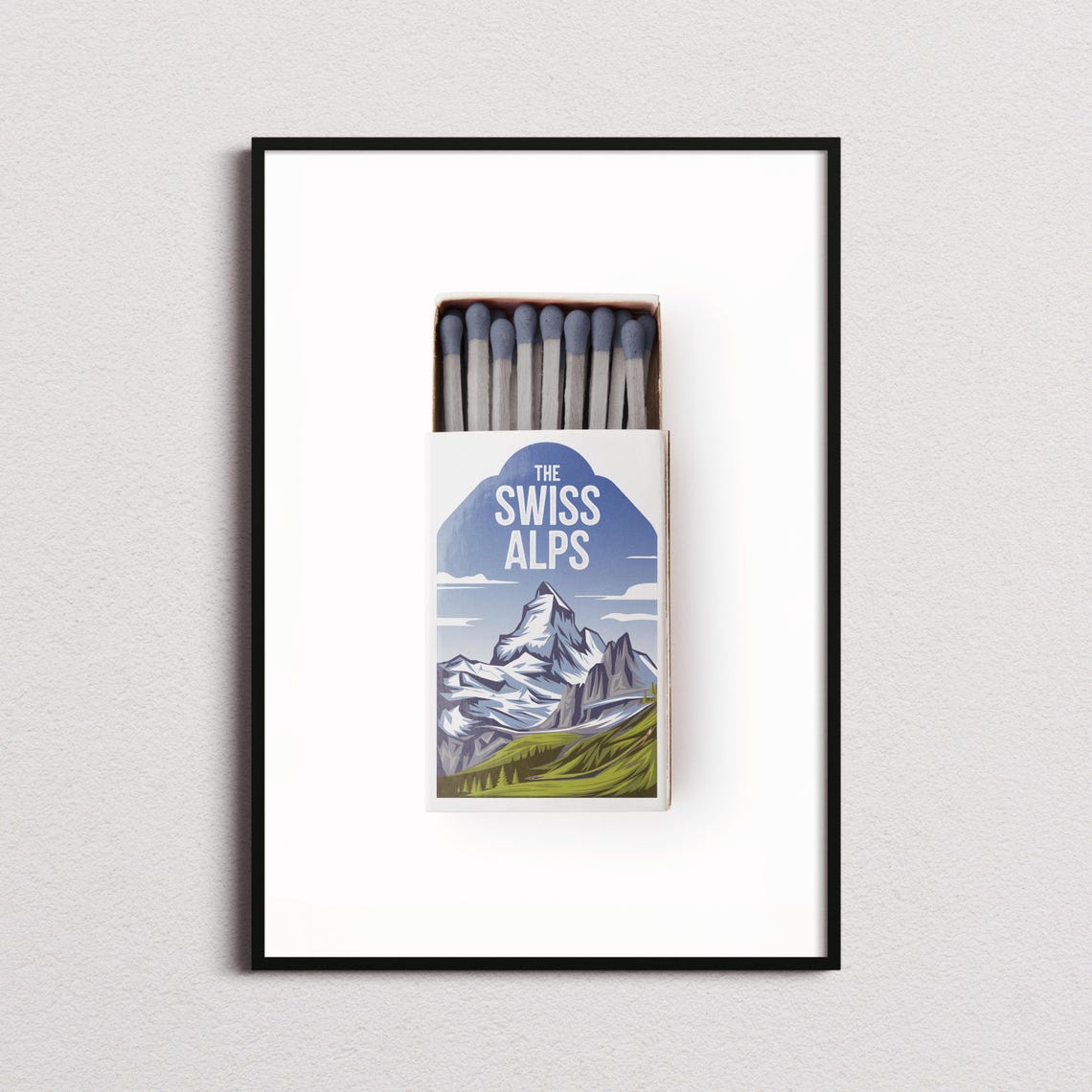 The Swiss Alps Matchbox Style Art with Snowy Peak in Blue Arch Poster