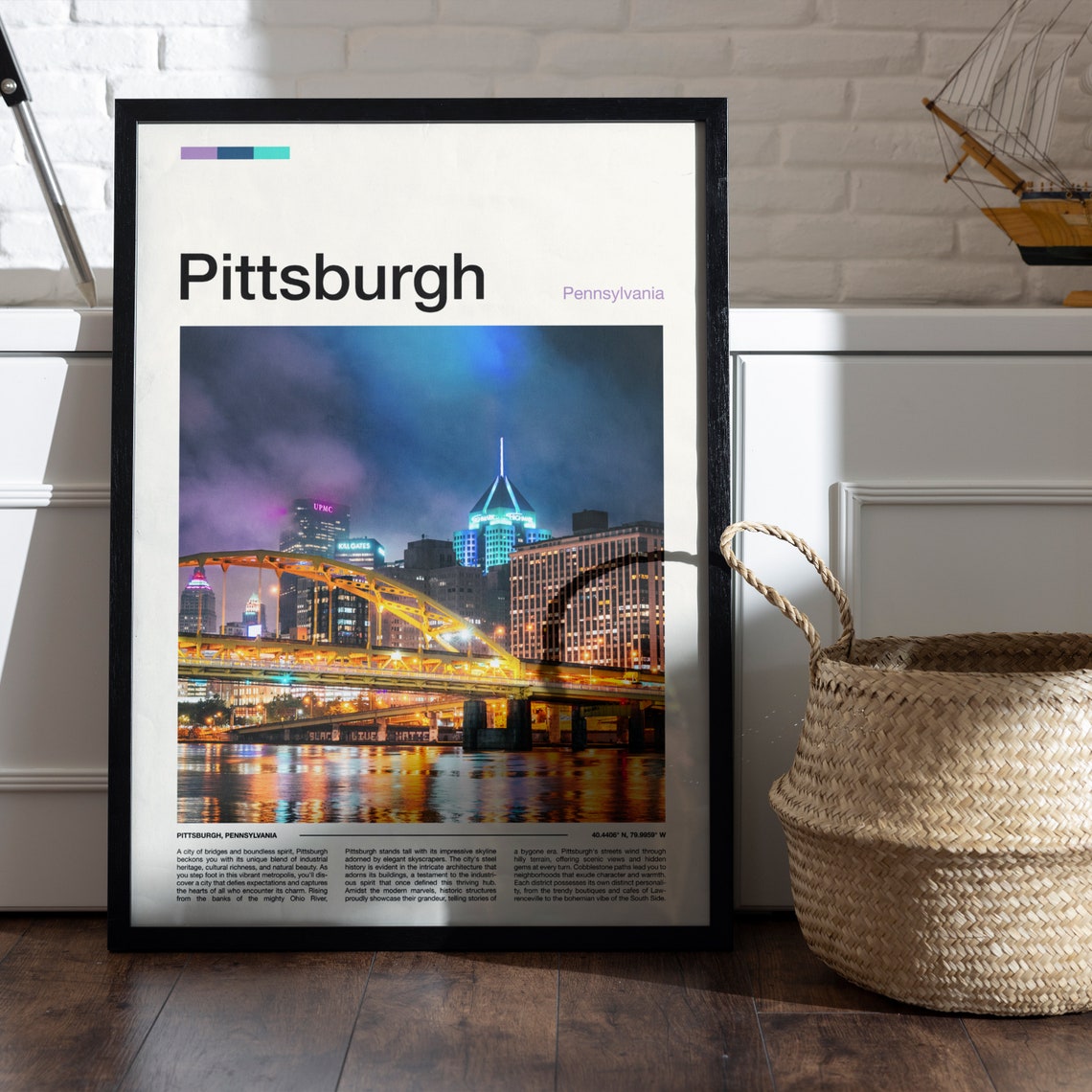 Pittsburgh Pennsylvania Night Skyline Illuminated Bridge Poster - Image 5