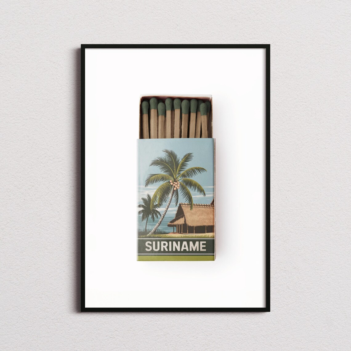Suriname Vintage Matchbox Tropical Beach Hut Art Travel Poster