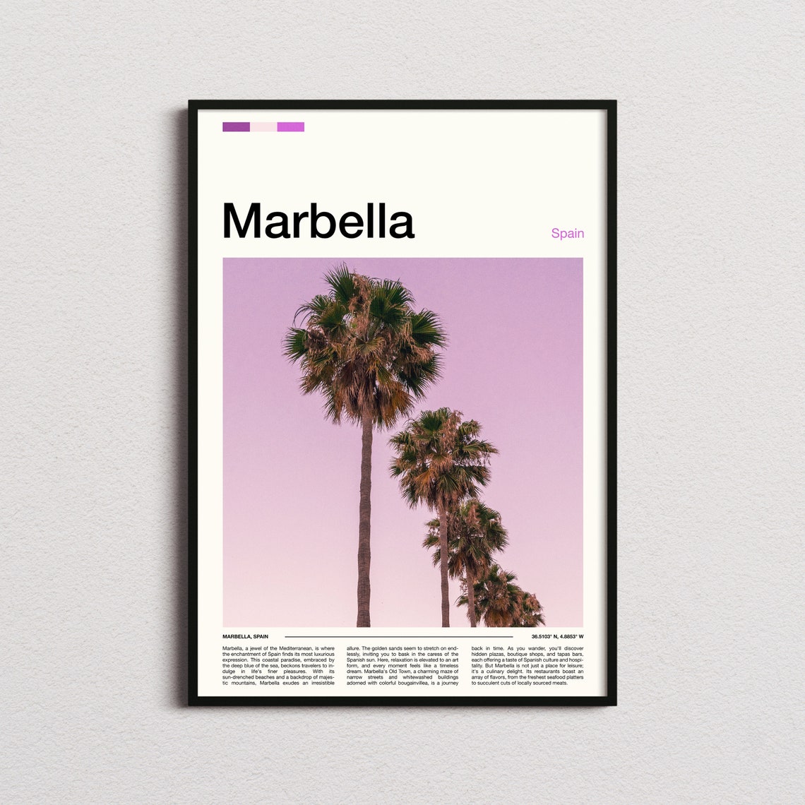 Marbella Spain Palm Trees Pink Sunset Coastal Travel Art Poster