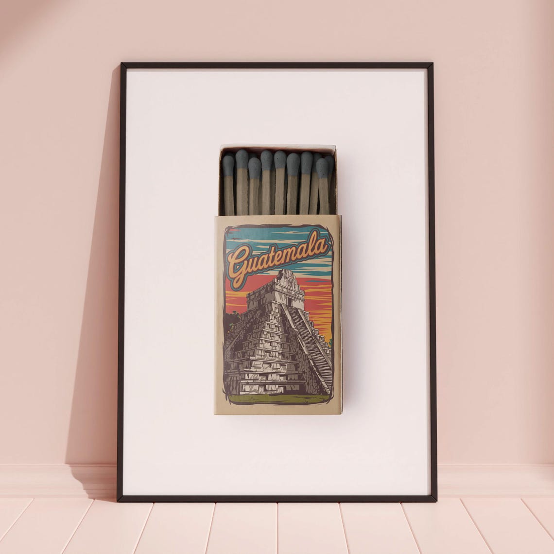 Guatemala Vintage Retro Matchbox Mayan Pyramid Sunset Poster - Image 3