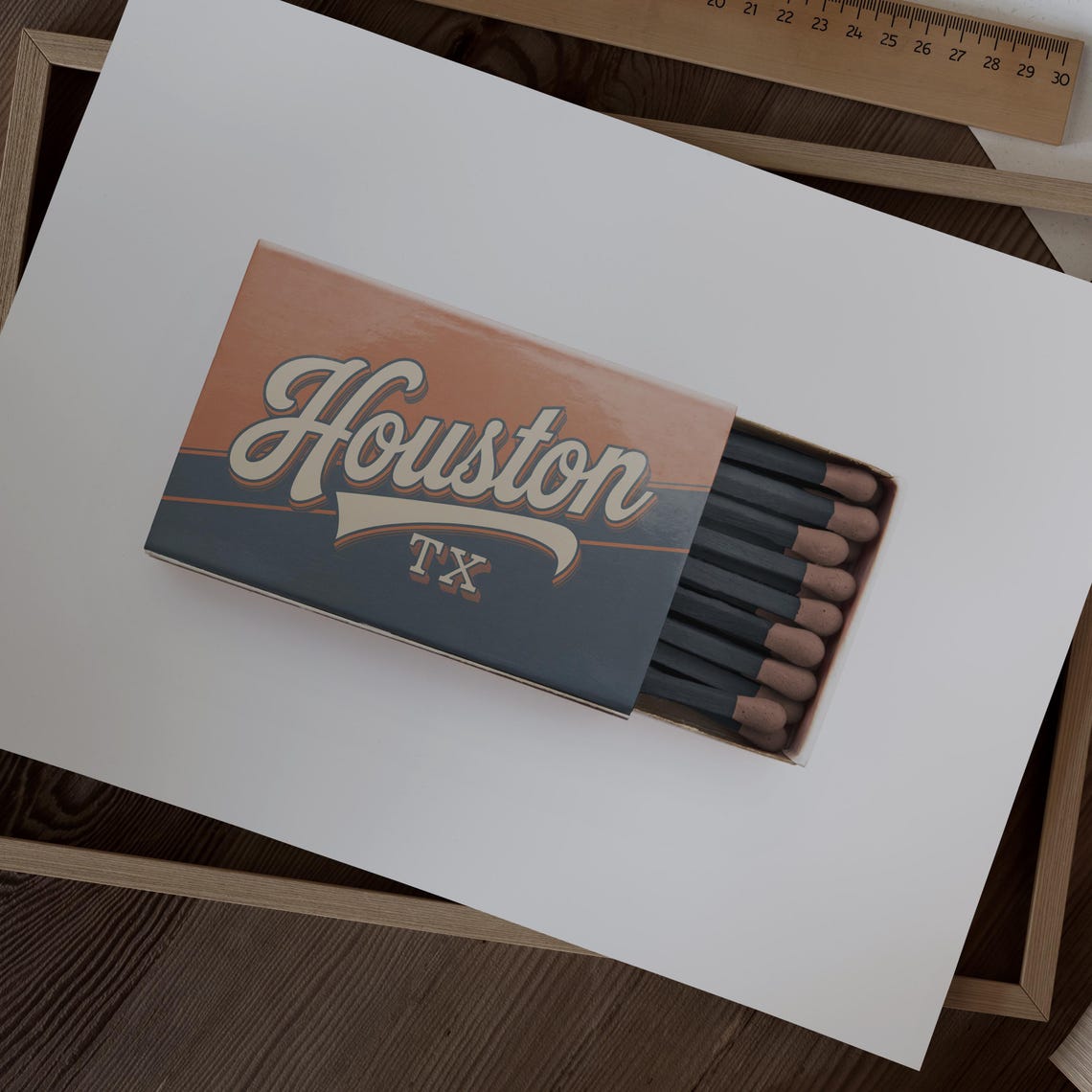 Houston Texas Retro Script Matchbox Art Orange Navy Travel Poster - Image 2