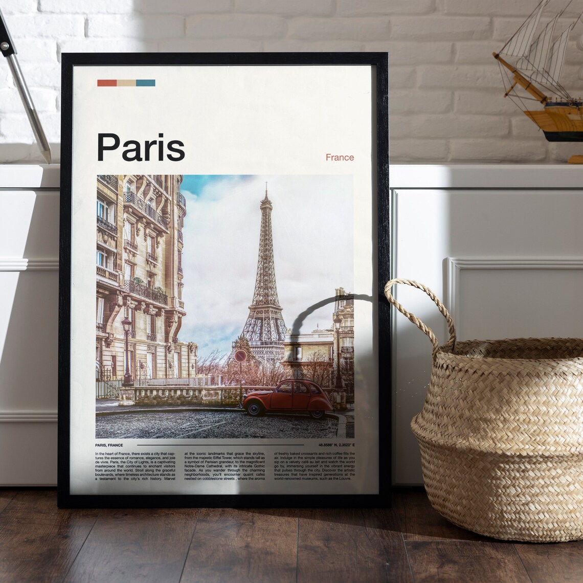 Paris France Eiffel Tower Cobblestone Street Red Car City Photo Poster - Image 5