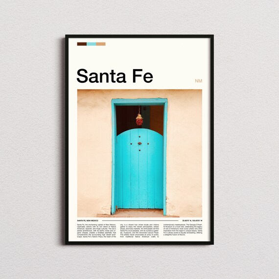 Santa Fe New Mexico Turquoise Adobe Door Chile Ristra Travel Poster