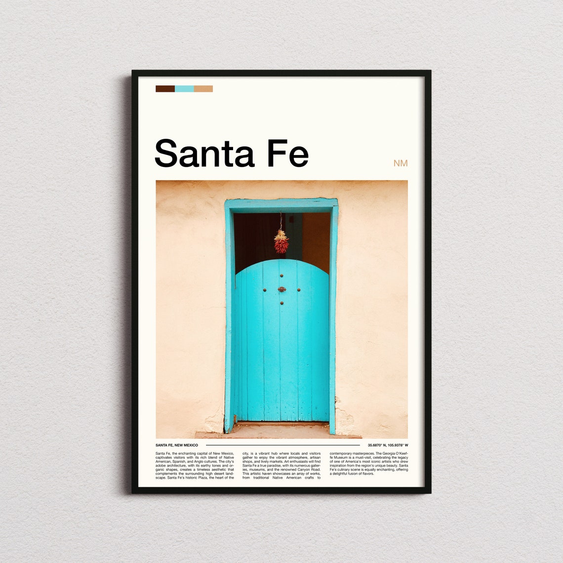Santa Fe New Mexico Turquoise Adobe Door Chile Ristra Travel Poster