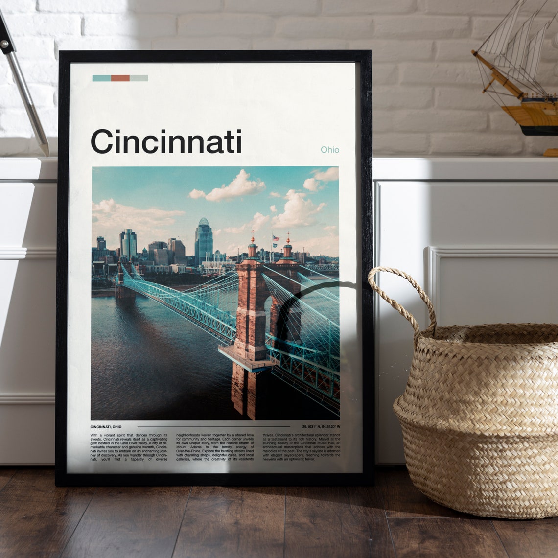 Cincinnati Ohio Roebling Bridge Skyline Modern Travel Poster - Image 4
