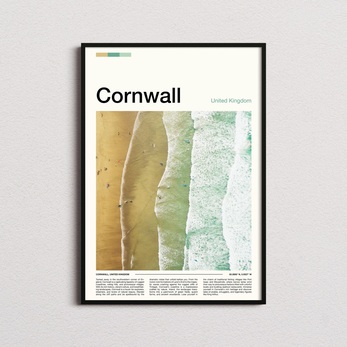 Cornwall United Kingdom Aerial Beach Waves Minimalist Travel Poster