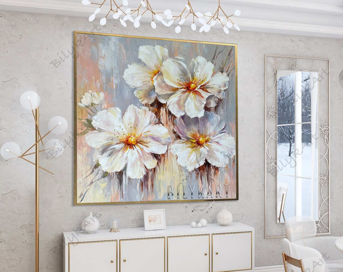 White Cosmos Flowers Golden Centers Pastel Abstract Floral Art Poster - Image 3