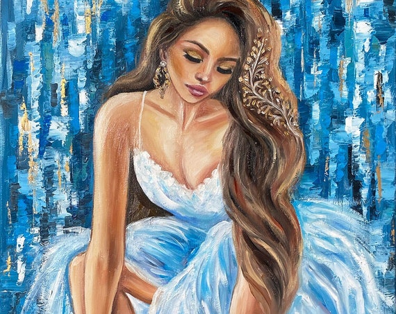 Abstract Woman Oil Painting Blue Ballerina Wall Art Girl In Dress Painting Ballerina Tying Pointe Shoes Sitting Ballerina Painting On