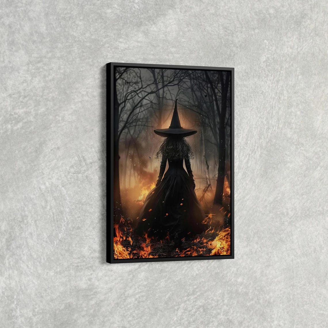 Dark Fire Witch Silhouette Walking Through Burning Forest Poster