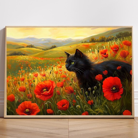 Black Cat Wandering Among Red Poppies in a Sunset Meadow Poster