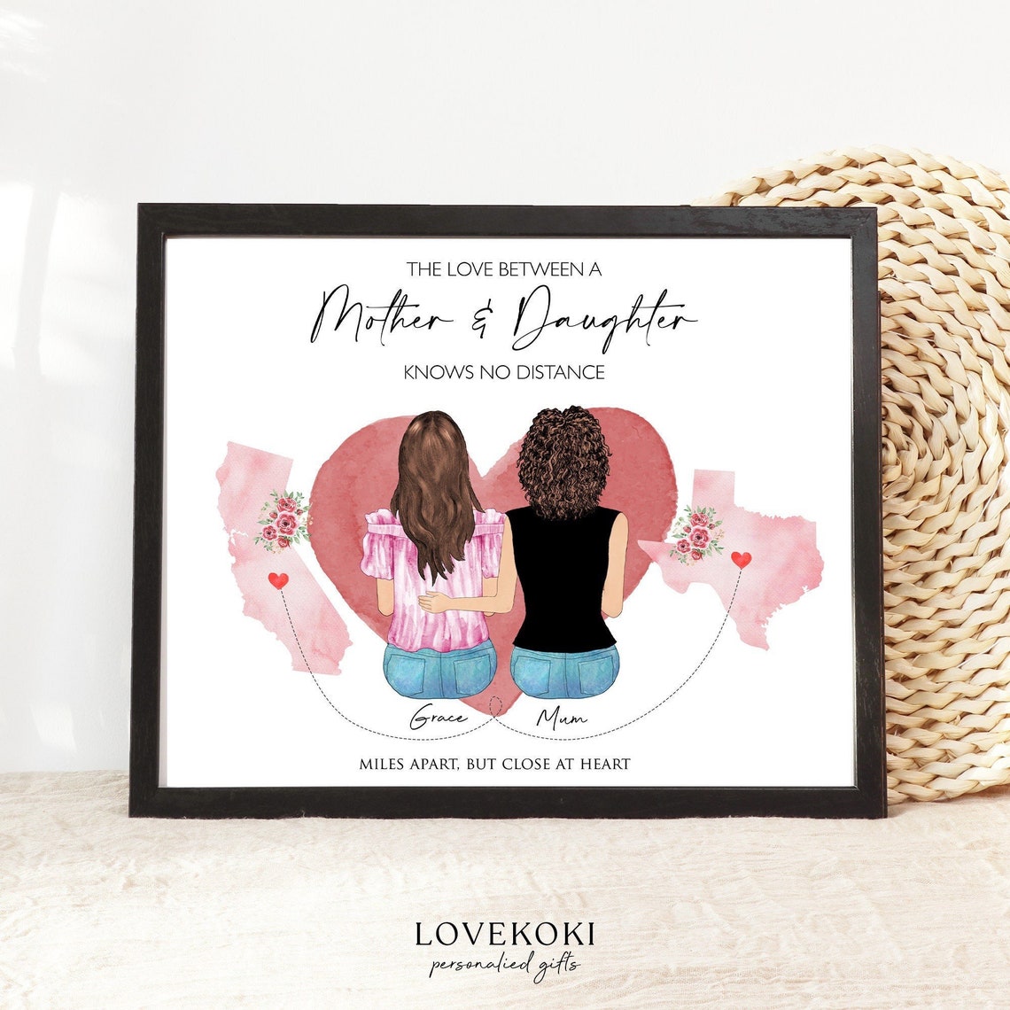 Mother and Daughter Long Distance California Texas Map Poster