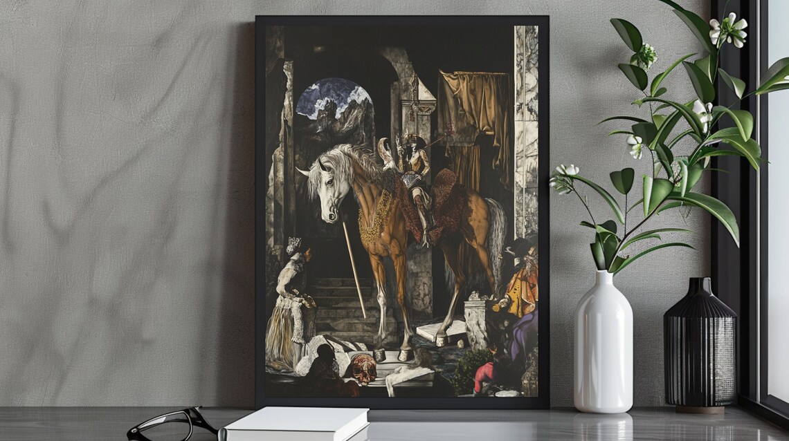 Dark Knight On Horseback Gothic Cathedral Medieval Fantasy Art Poster