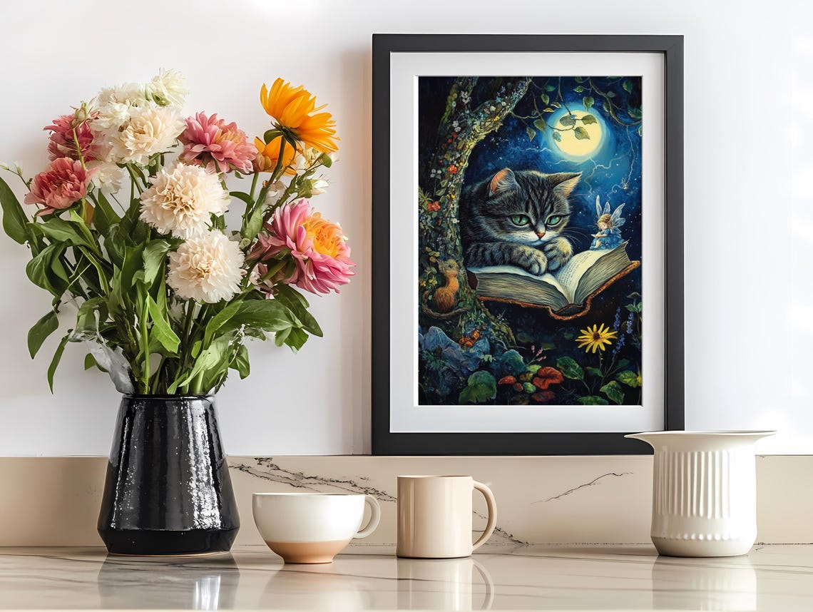 Tabby Cat Reading Book Under Full Moon With Fairy Magic Art Poster - Image 2
