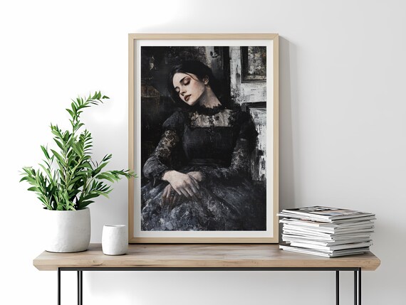 Elegant Woman Black Dress Gothic Resting Moody Victorian Art Poster