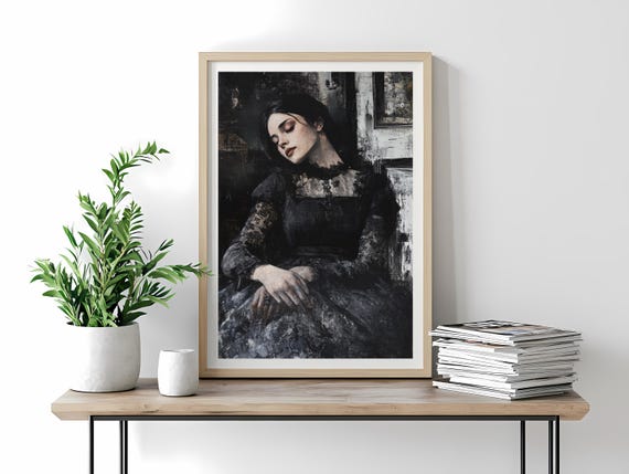 Victorian Art Elegant Woman In Black Dress Gothic Minimalist Wall Art Gift For Her