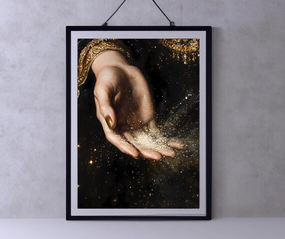 Close-Up Hand Holding Golden Stardust on Dark Celestial Art Poster