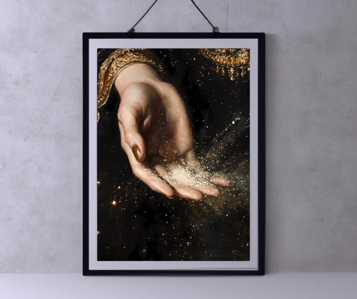Close-Up Hand Holding Golden Stardust on Dark Celestial Art Poster