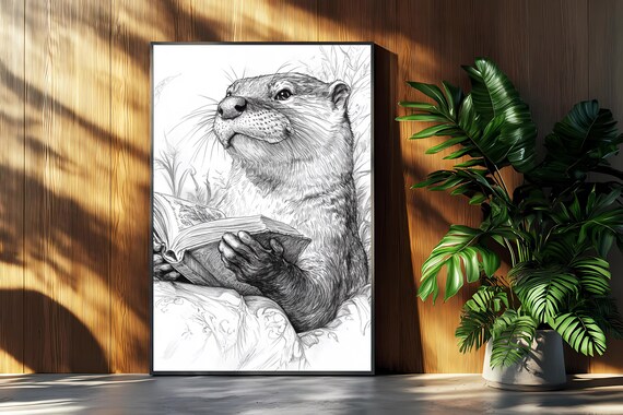 Elegant Otter Reading a Book in Black and White Line Art Poster
