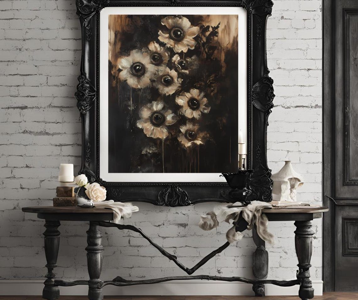 Dark Macabre White Flowers with Eye Centers Goth Floral Art Poster - Image 4