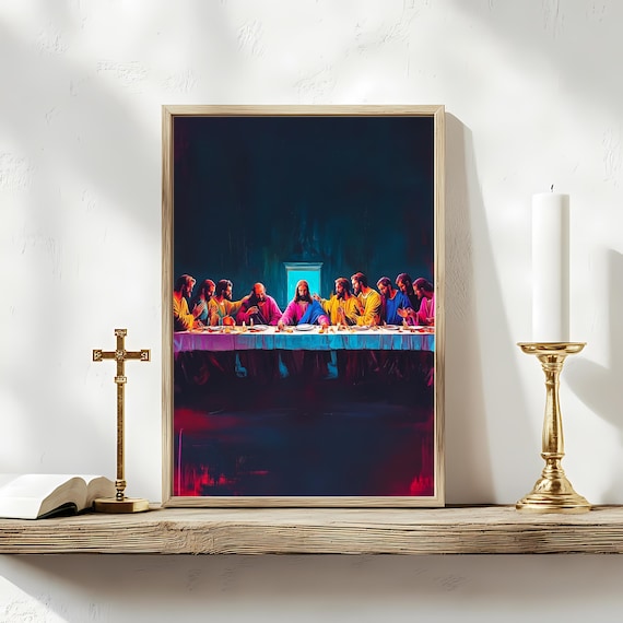 Neon Blue Last Supper Art Print, Modern Christian