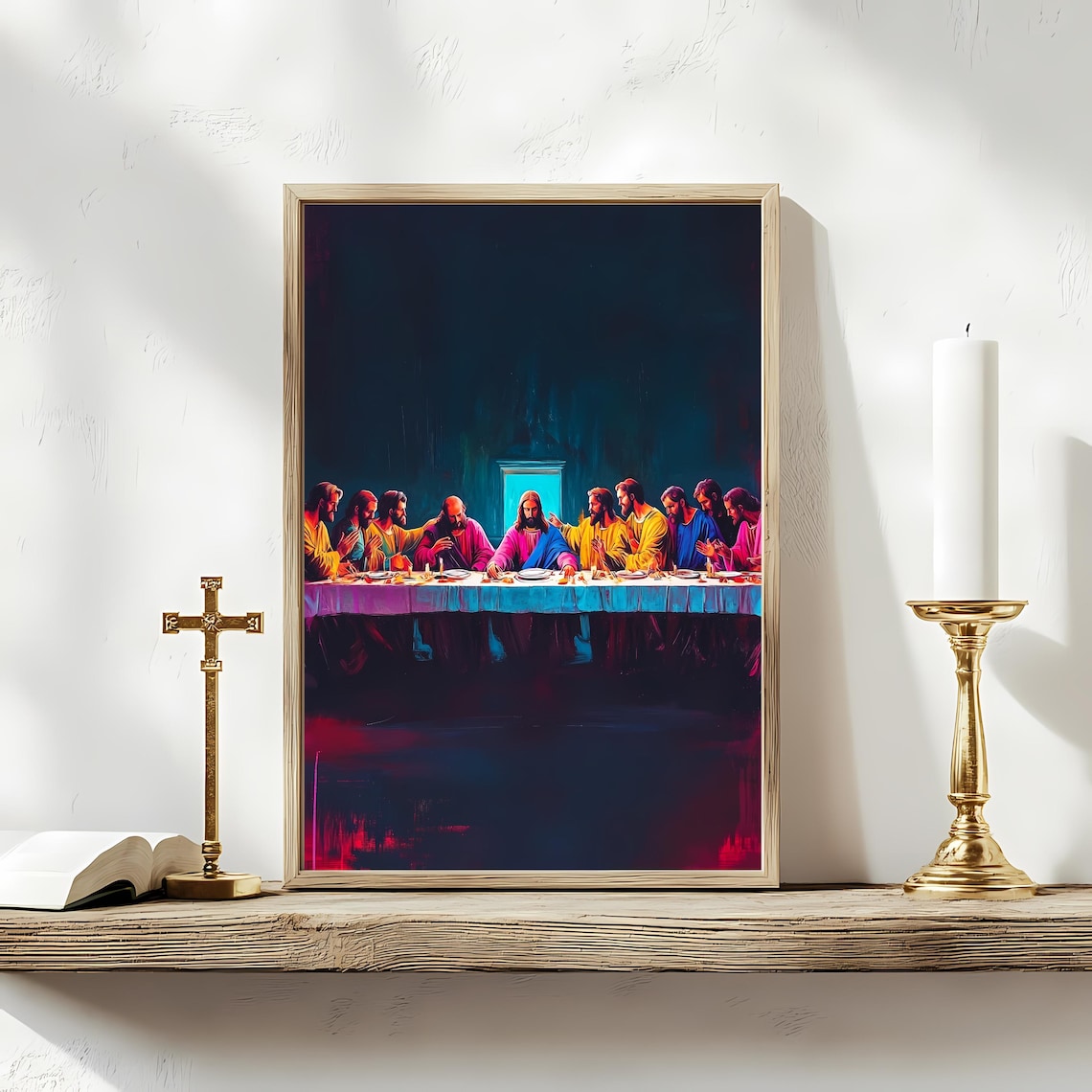 Neon Blue Last Supper Art Print, Modern Christian