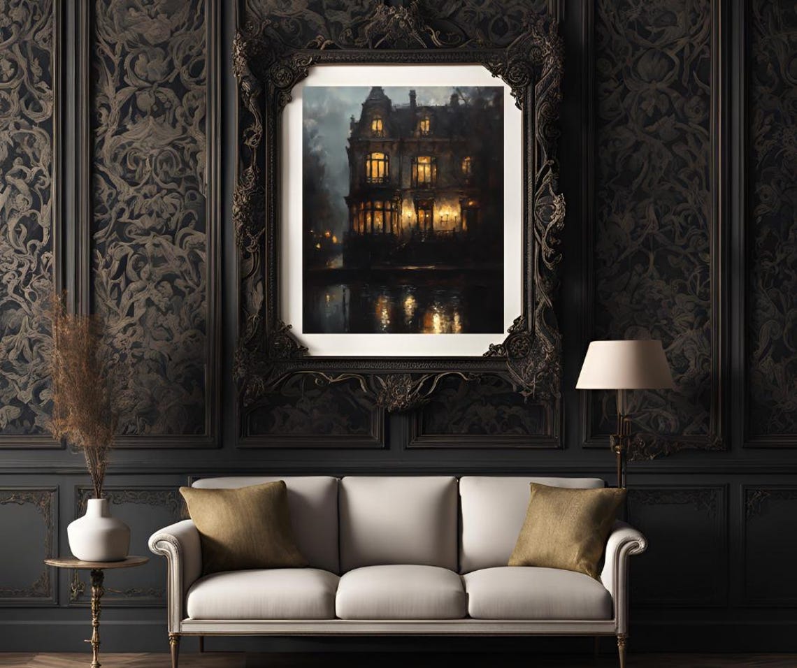 Moody Victorian Mansion at Night with Lit Windows Reflection Poster - Image 3
