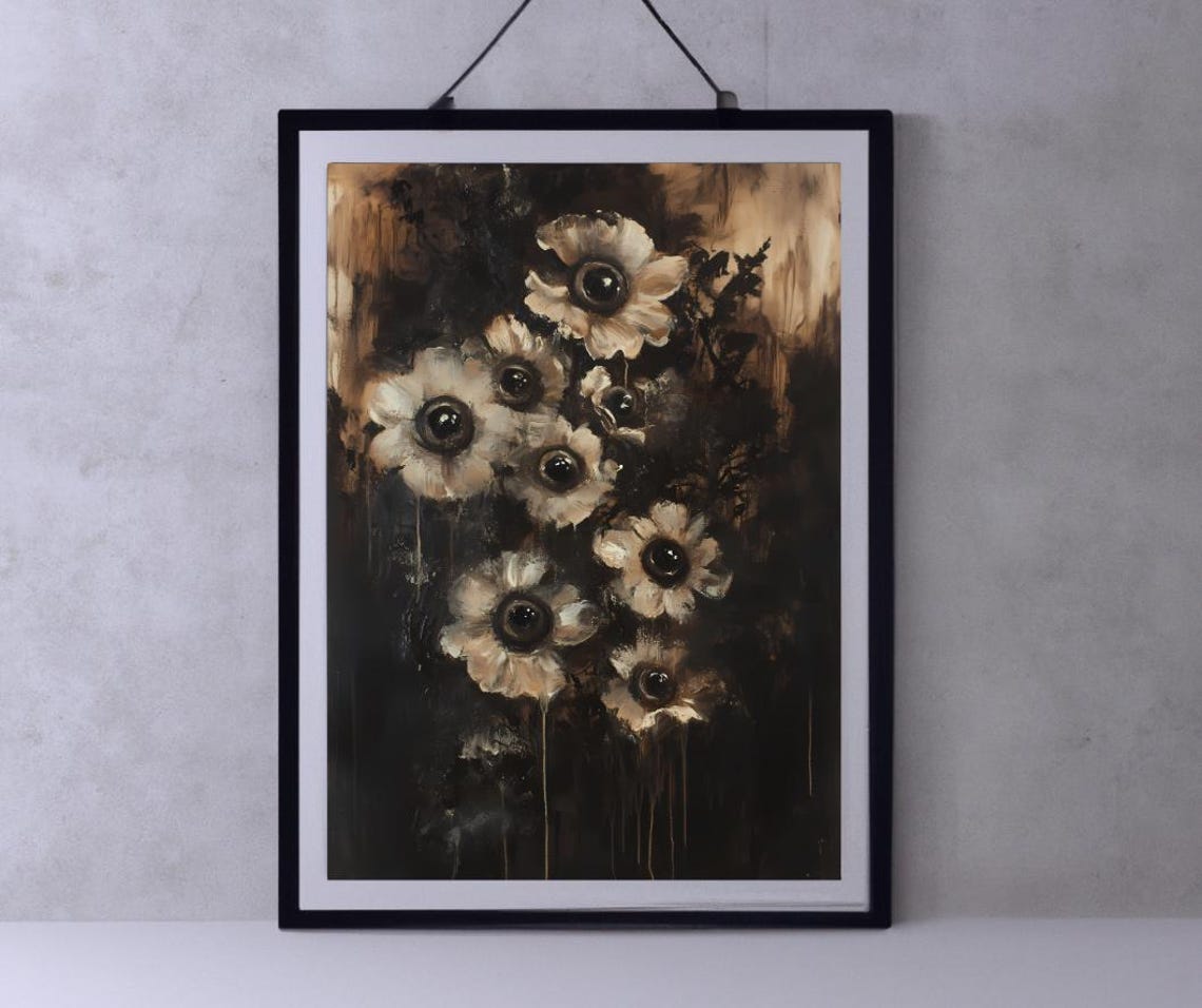 Dark Macabre White Flowers with Eye Centers Goth Floral Art Poster