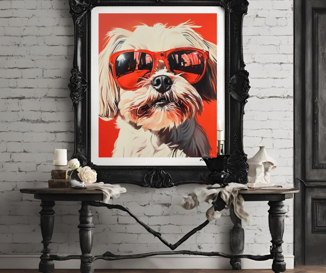 Fluffy White Dog in Oversized Red Sunglasses Pop Art Portrait Poster - Image 4