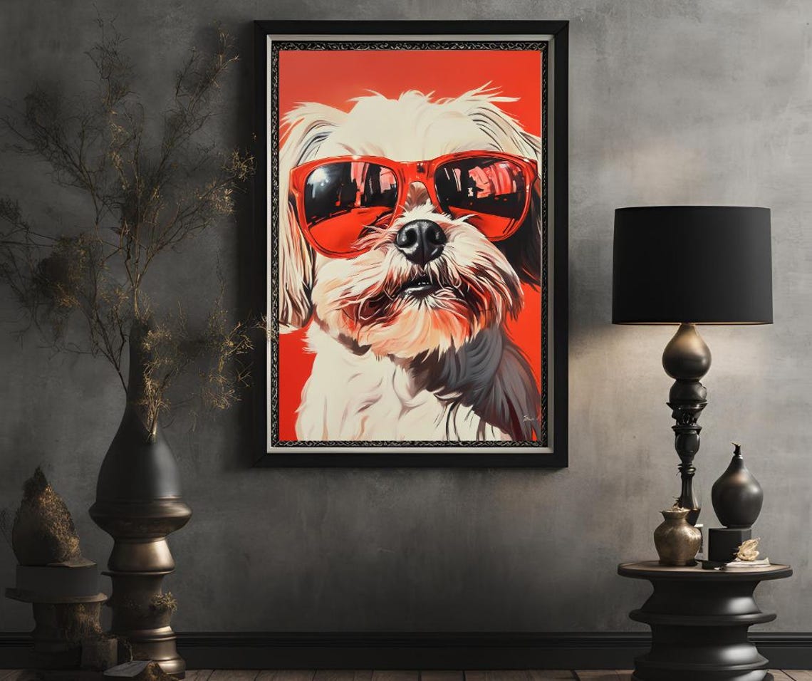 Fluffy White Dog in Oversized Red Sunglasses Pop Art Portrait Poster - Image 2