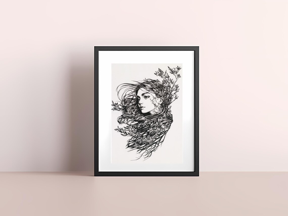 Botanical Line Art Woman Profile Floral Black White Minimal Poster
