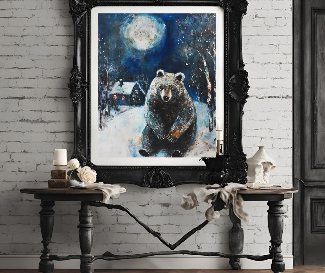 Winter Bear Under a Full Moon in a Snowy Village Night Art Poster - Image 4
