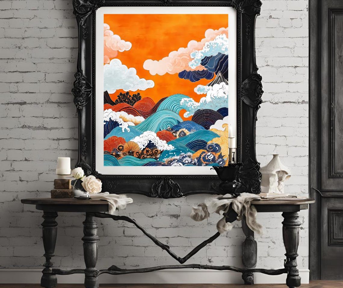 Japanese Ukiyo-e Style Wave Art With a Glowing Orange Sky Poster - Image 4