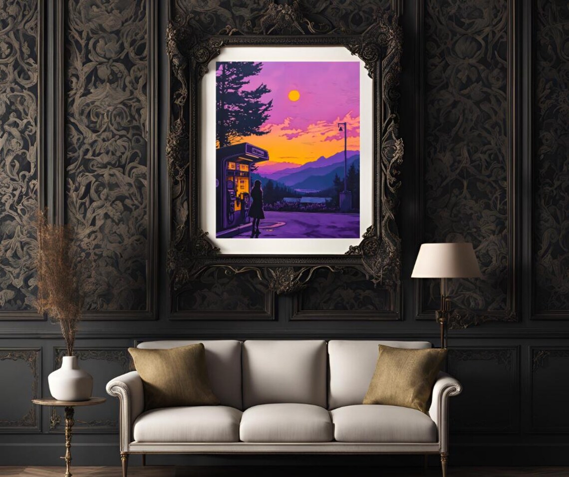 Retro Gas Station at Sunset in Dreamy Purple and Orange Tones Poster - Image 3