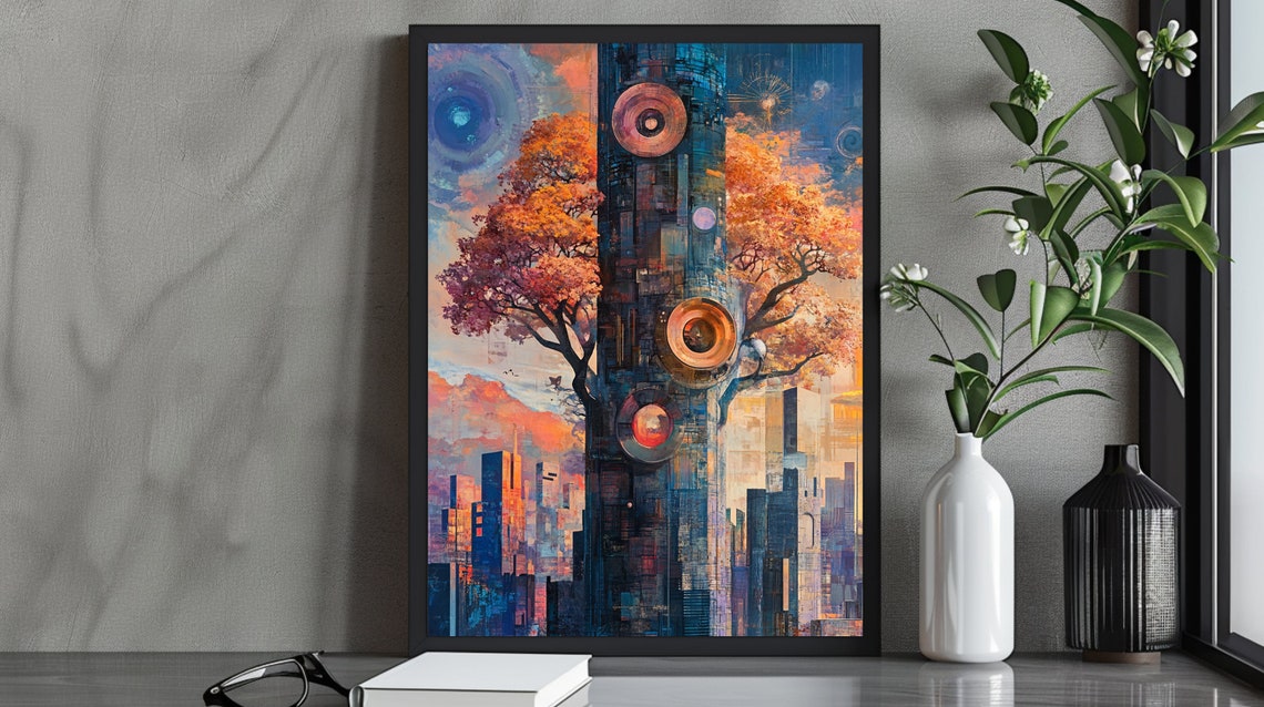 Futuristic Tree Tower with Orange Foliage Over Cityscape Art Poster