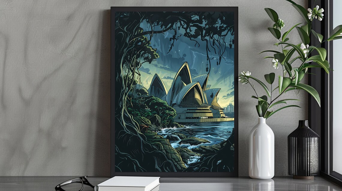 Sydney Opera House Night Skyline Art Deco Illustration Travel Poster